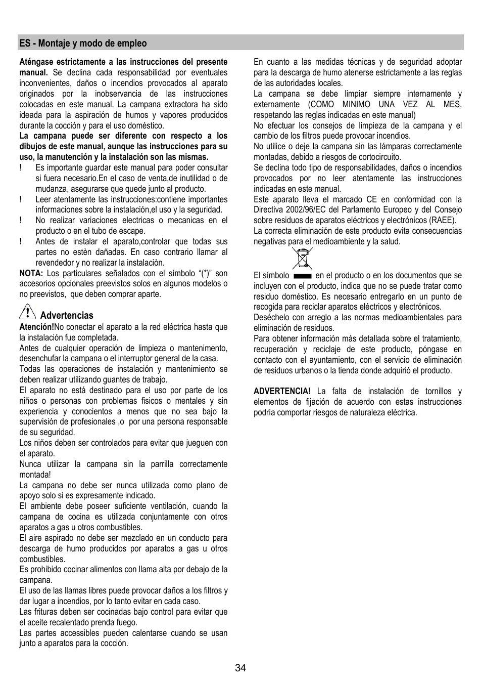 Es - montaje y modo de empleo, Advertencias | ELICA CIRCUS PLUS User Manual | Page 34 / 144