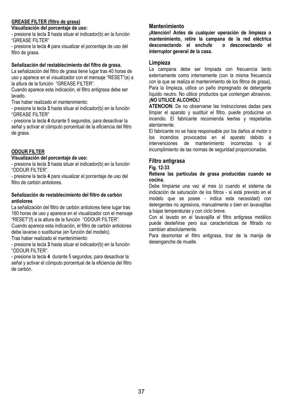 Mantenimiento, Limpieza, Filtro antigrasa | ELICA CIRCUS PLUS User Manual | Page 37 / 144