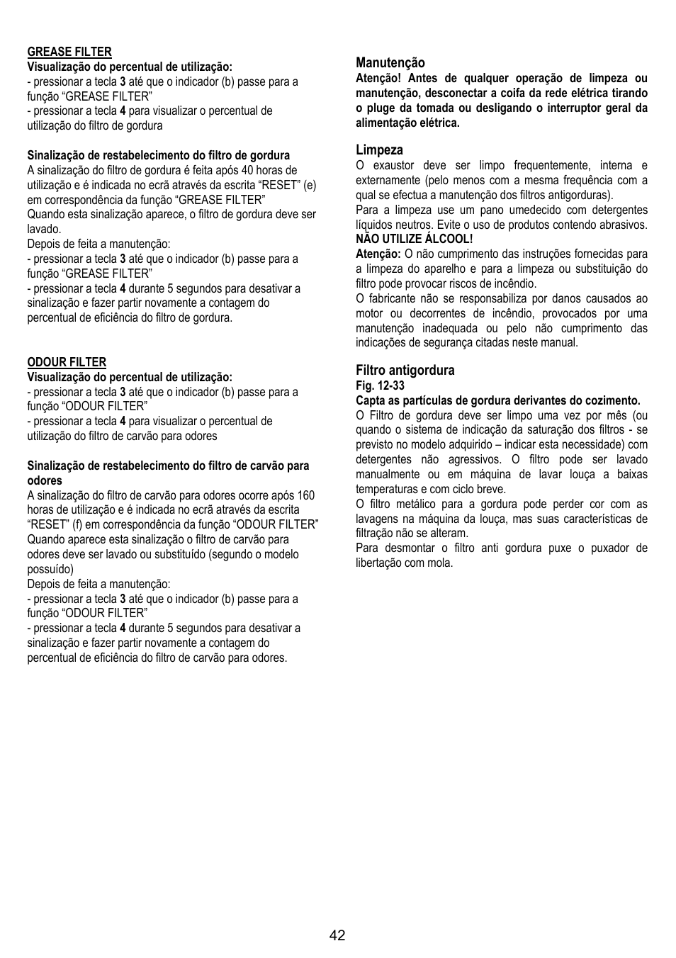 Manutenção, Limpeza, Filtro antigordura | ELICA CIRCUS PLUS User Manual | Page 42 / 144