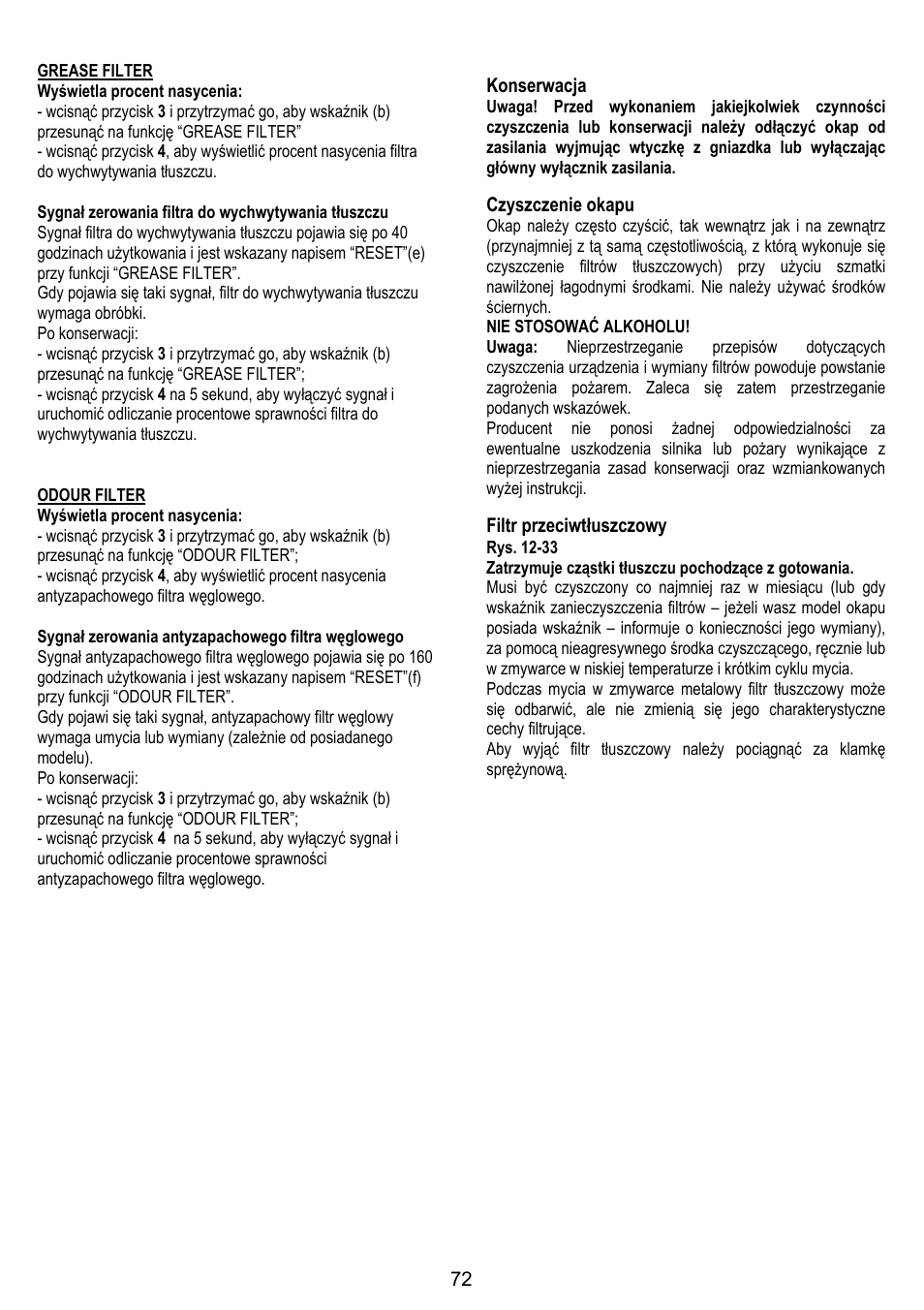 Konserwacja, Czyszczenie okapu, Filtr przeciwtłuszczowy | ELICA CIRCUS PLUS User Manual | Page 72 / 144