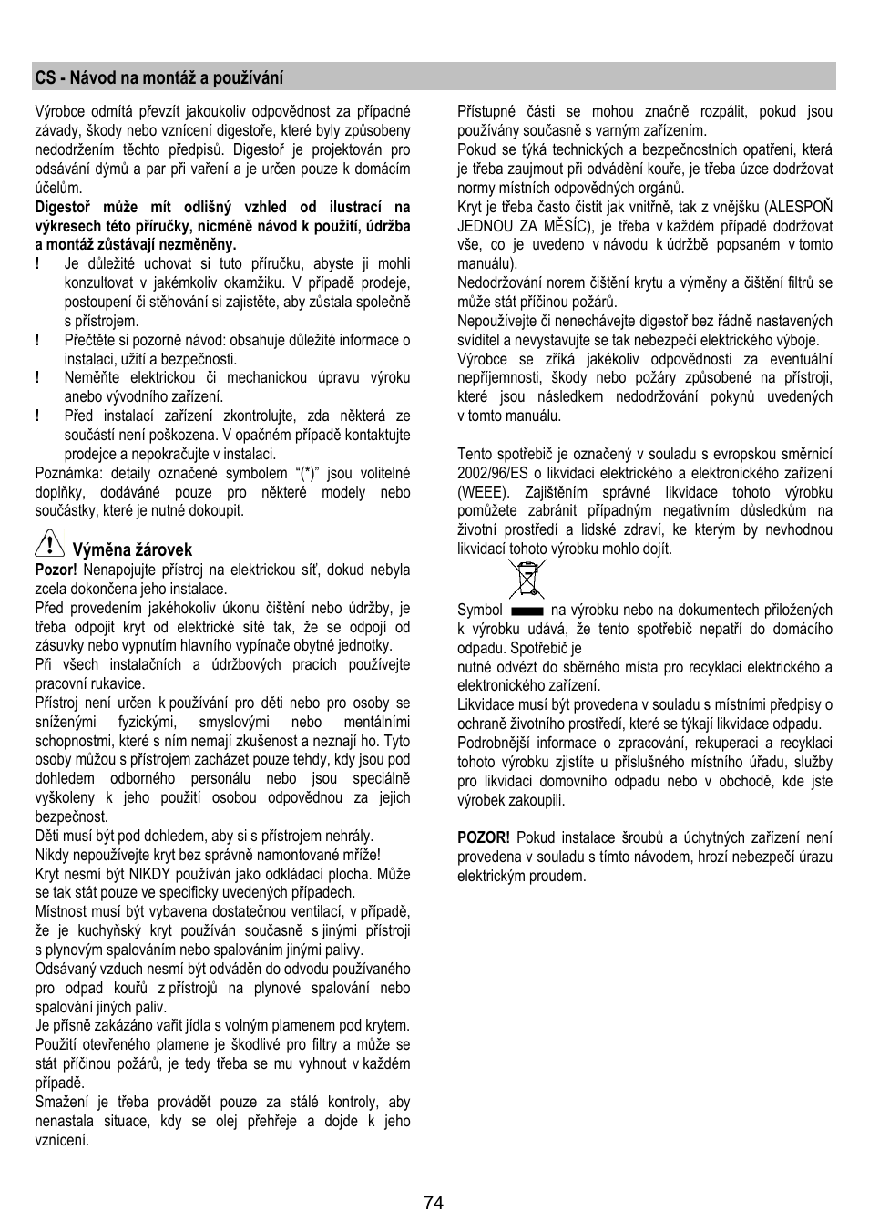 Cs - návod na montáž a používání, Výměna žárovek | ELICA CIRCUS PLUS User Manual | Page 74 / 144