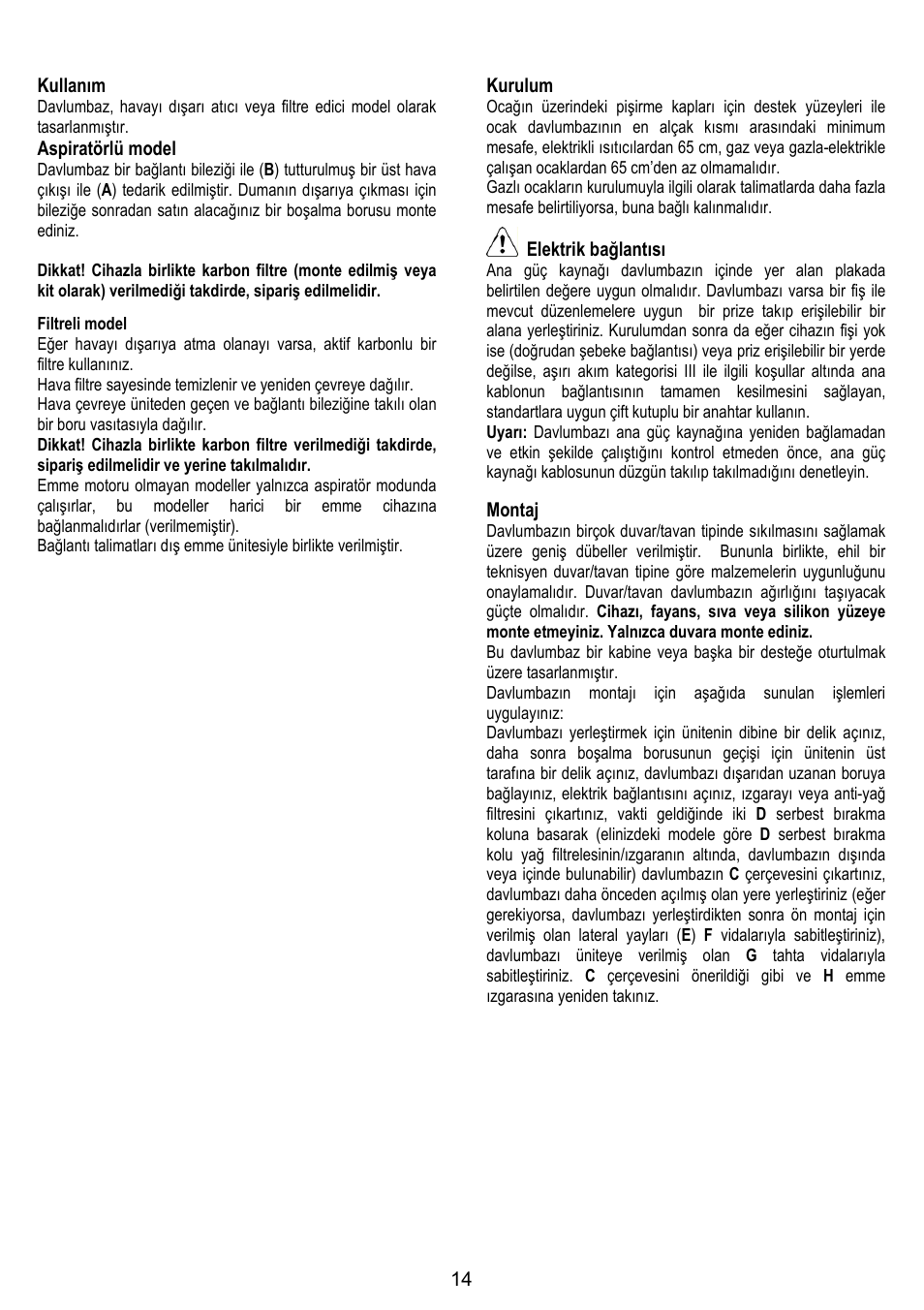 14 kullanım, Aspiratörlü model, Kurulum | Elektrik bağlantısı, Montaj | ELICA ELIBLOC 9 User Manual | Page 14 / 28