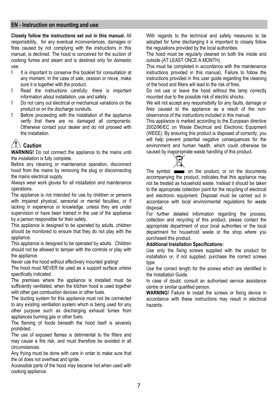 En - instruction on mounting and use, Caution | ELICA ELIBLOC 9 User Manual | Page 7 / 28