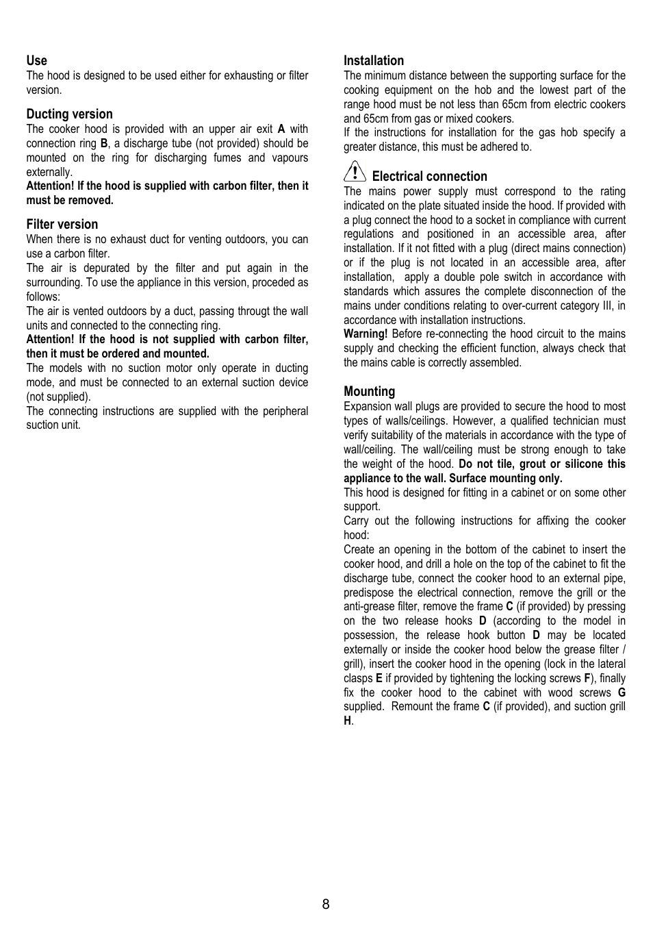 8use, Ducting version, Filter version | Installation, Electrical connection, Mounting | ELICA ELIBLOC 9 User Manual | Page 8 / 28