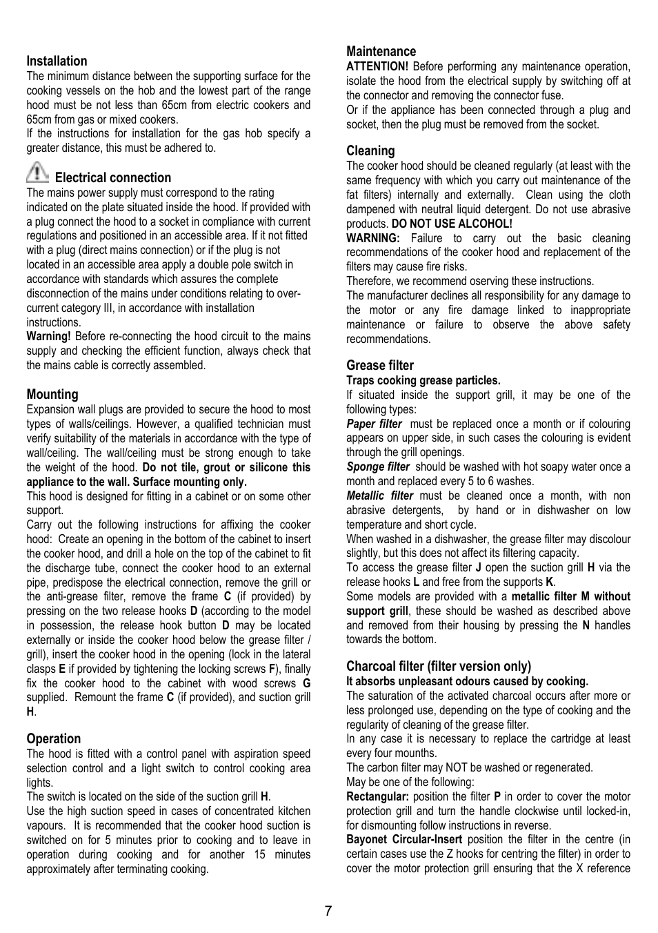 7installation, Electrical connection, Mounting | Operation, Maintenance, Cleaning, Grease filter, Charcoal filter (filter version only) | ELICA ELIBLOC HT User Manual | Page 7 / 16