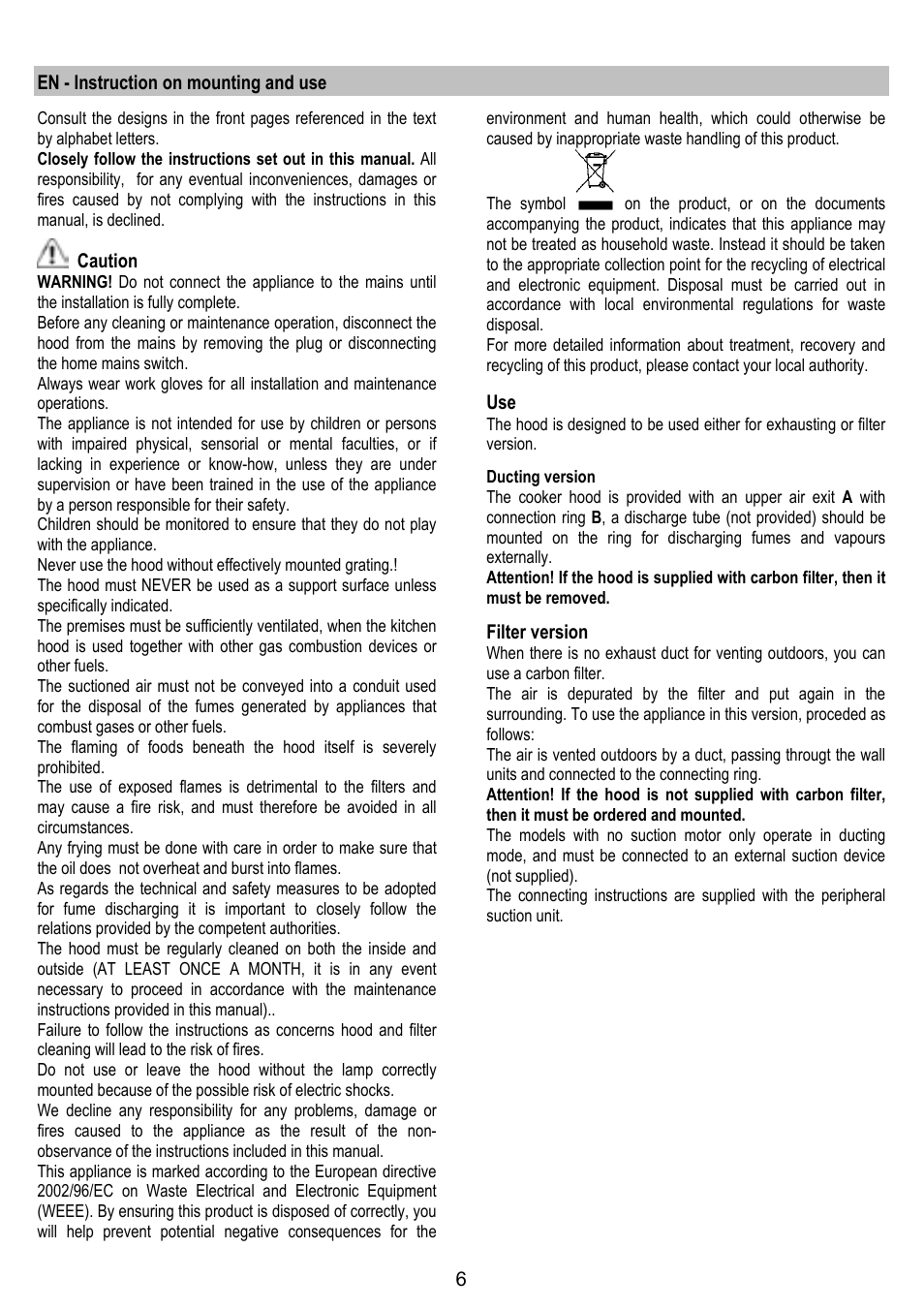 En - instruction on mounting and use, Caution, Filter version | ELICA ELIBLOC9 User Manual | Page 6 / 16