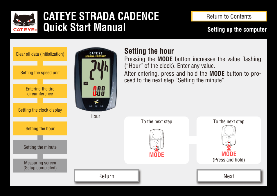 Cateye strada cadence quick start manual, Setting the hour | CatEye STRADA CC-RD200 User Manual | Page 10 / 23