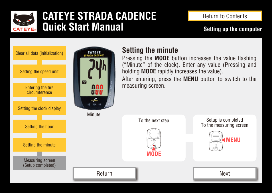 Cateye strada cadence quick start manual, Setting the minute | CatEye STRADA CC-RD200 User Manual | Page 11 / 23