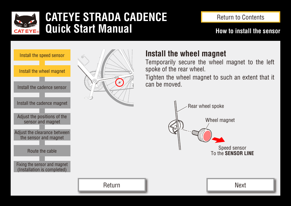 Cateye strada cadence quick start manual, Install the wheel magnet | CatEye STRADA CC-RD200 User Manual | Page 16 / 23