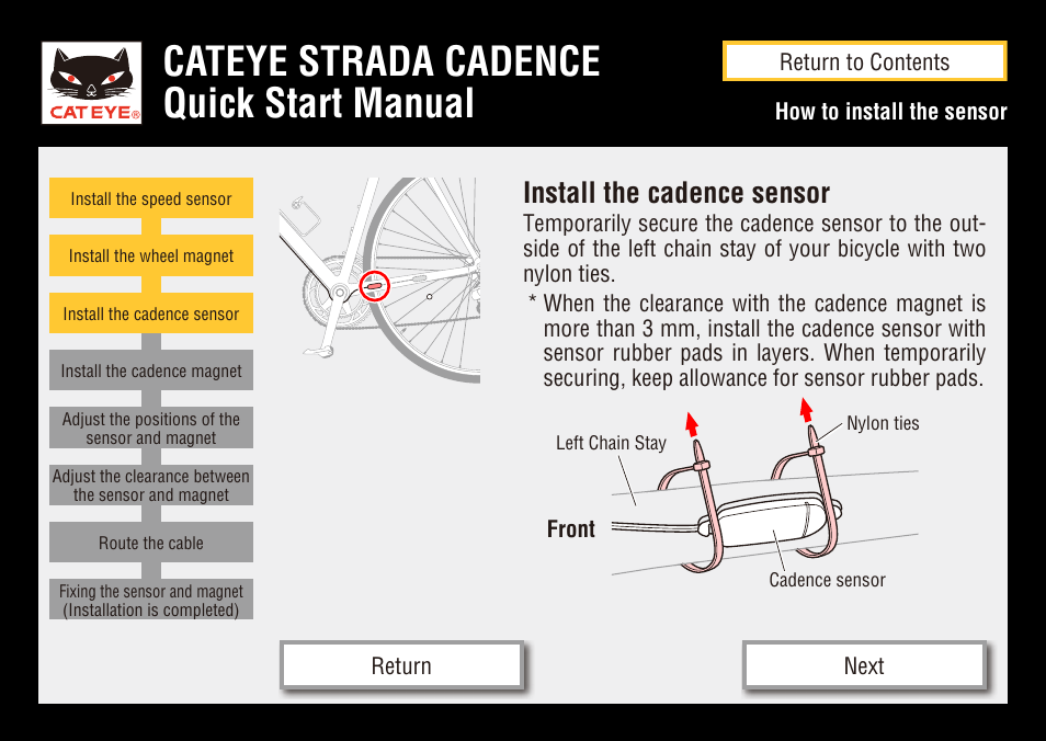 Cateye strada cadence quick start manual, Install the cadence sensor | CatEye STRADA CC-RD200 User Manual | Page 17 / 23