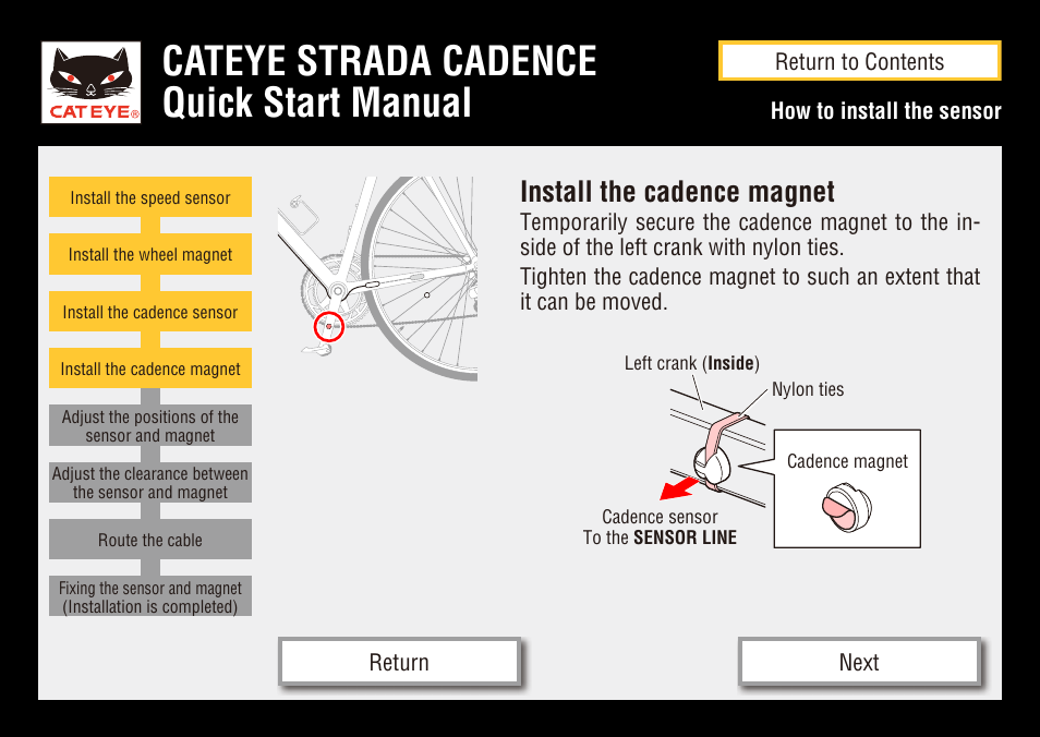 Cateye strada cadence quick start manual, Install the cadence magnet | CatEye STRADA CC-RD200 User Manual | Page 18 / 23