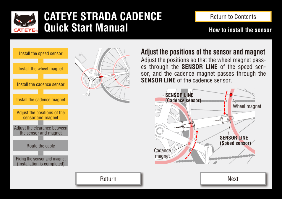 Cateye strada cadence quick start manual, Adjust the positions of the sensor and magnet | CatEye STRADA CC-RD200 User Manual | Page 19 / 23