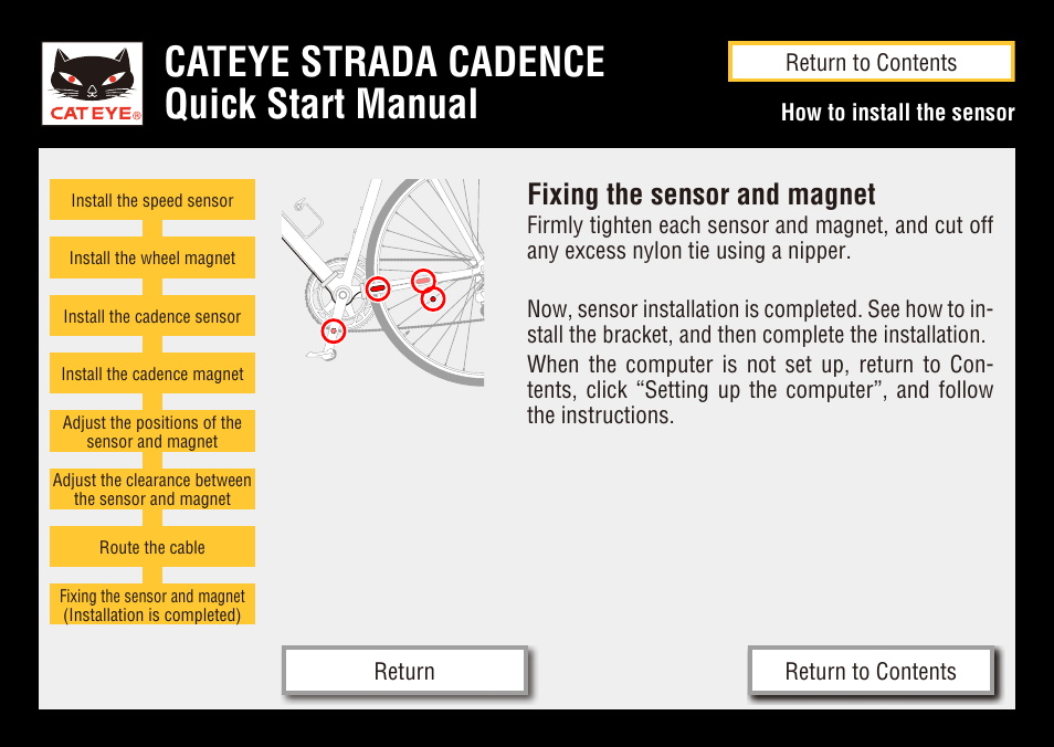 Cateye strada cadence quick start manual, Fixing the sensor and magnet | CatEye STRADA CC-RD200 User Manual | Page 22 / 23