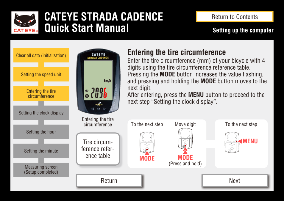 Cateye strada cadence quick start manual, Entering the tire circumference | CatEye STRADA CC-RD200 User Manual | Page 8 / 23