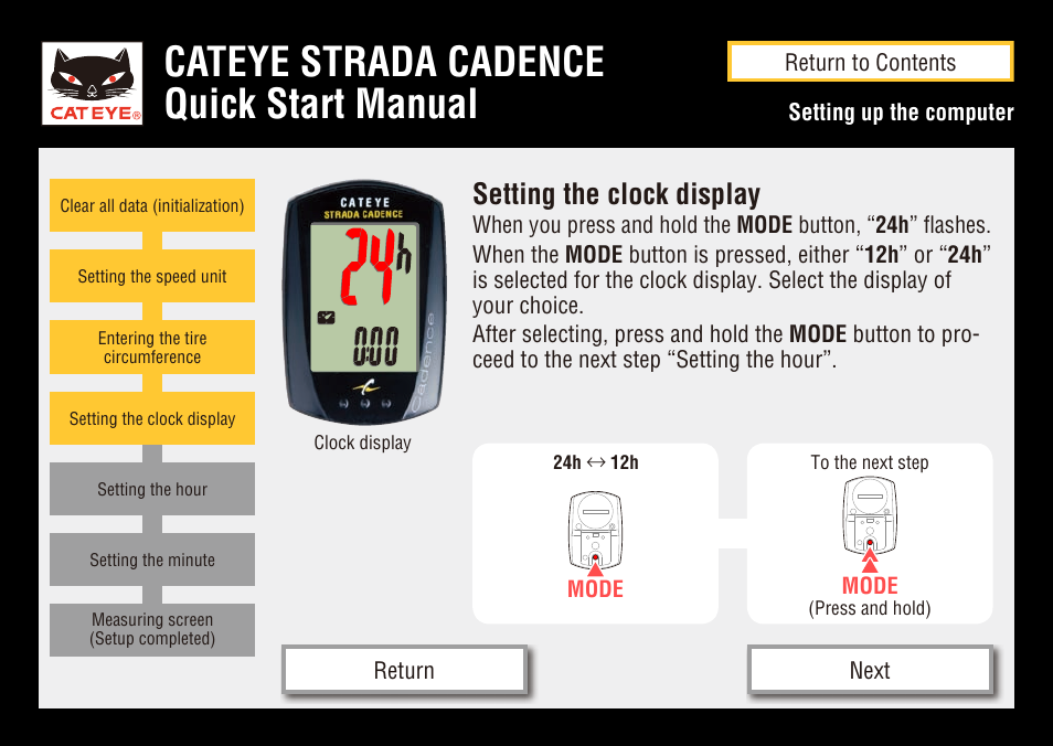 Cateye strada cadence quick start manual, Setting the clock display | CatEye STRADA CC-RD200 User Manual | Page 9 / 23