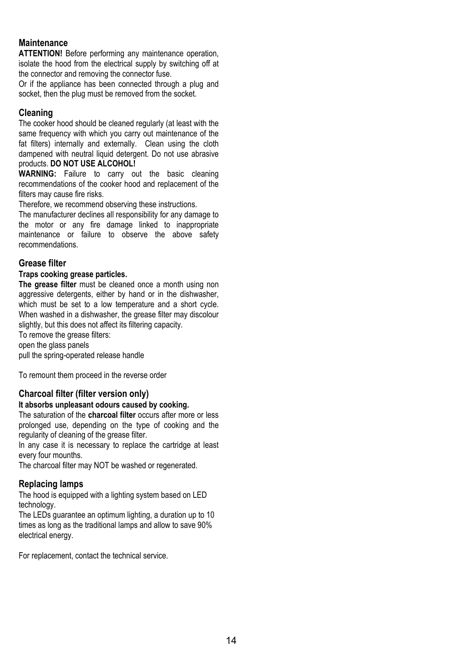 14 maintenance, Cleaning, Grease filter | Charcoal filter (filter version only), Replacing lamps | ELICA ETOILE User Manual | Page 14 / 60