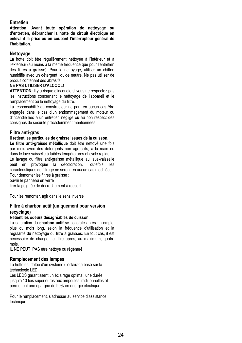 24 entretien, Nettoyage, Filtre anti-gras | Remplacement des lampes | ELICA ETOILE User Manual | Page 24 / 60