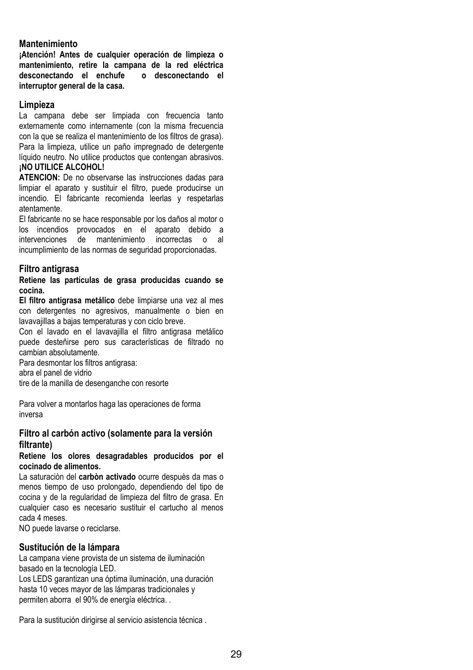 29 mantenimiento, Limpieza, Filtro antigrasa | Sustitución de la lámpara | ELICA ETOILE User Manual | Page 29 / 60