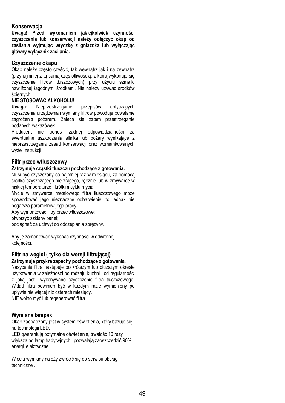 49 konserwacja, Czyszczenie okapu, Filtr przeciwtłuszczowy | Filtr na węgiel ( tylko dla wersji filtrującej), Wymiana lampek | ELICA ETOILE User Manual | Page 49 / 60