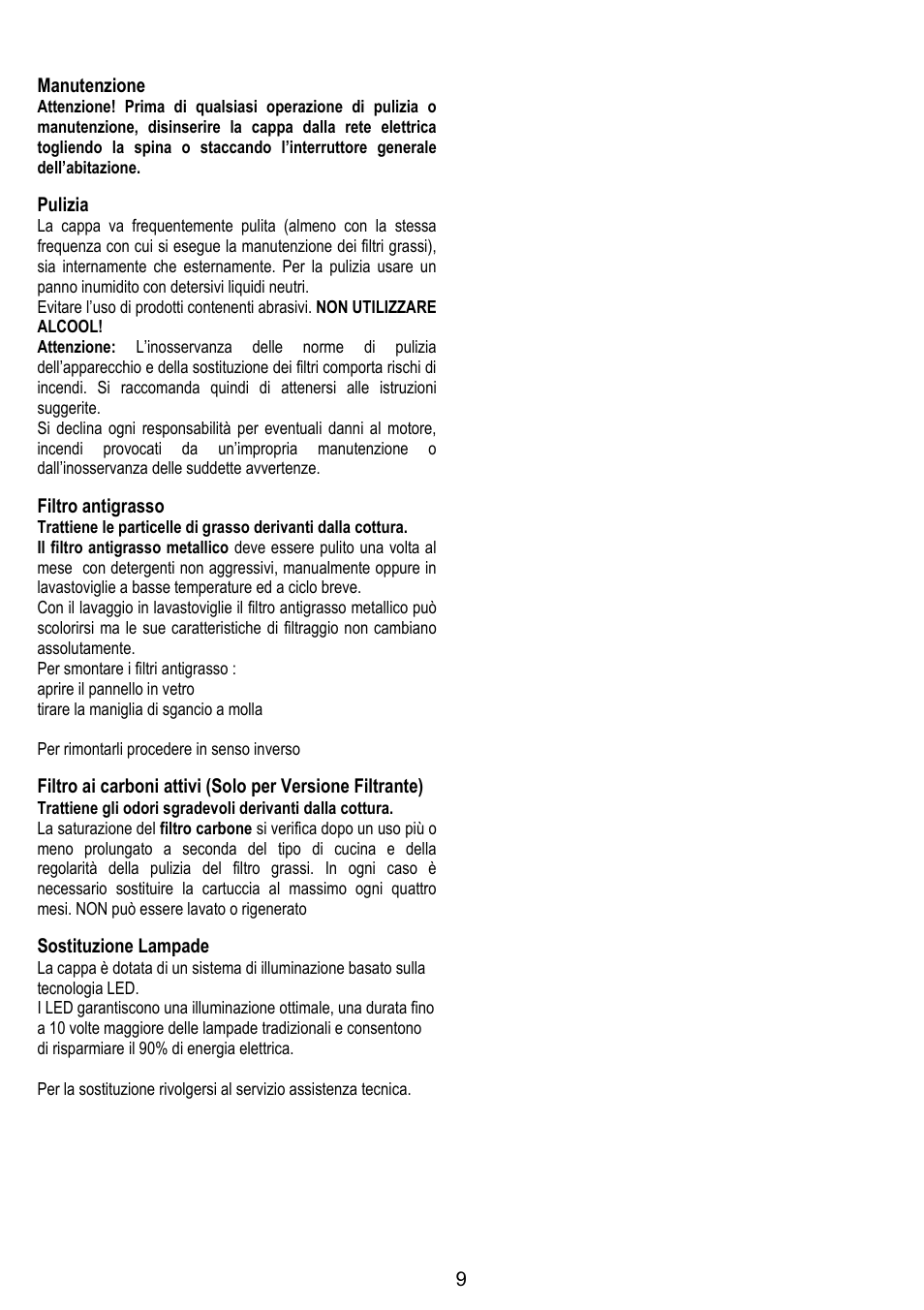 9manutenzione, Pulizia, Filtro antigrasso | Sostituzione lampade | ELICA ETOILE User Manual | Page 9 / 60