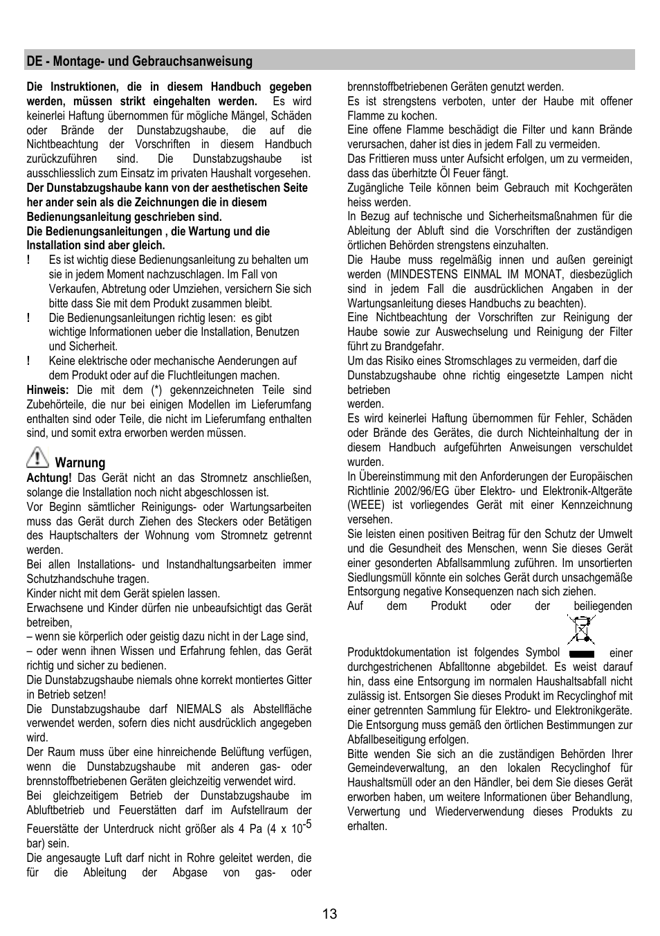 De - montage- und gebrauchsanweisung, Warnung | ELICA FEEL User Manual | Page 13 / 84