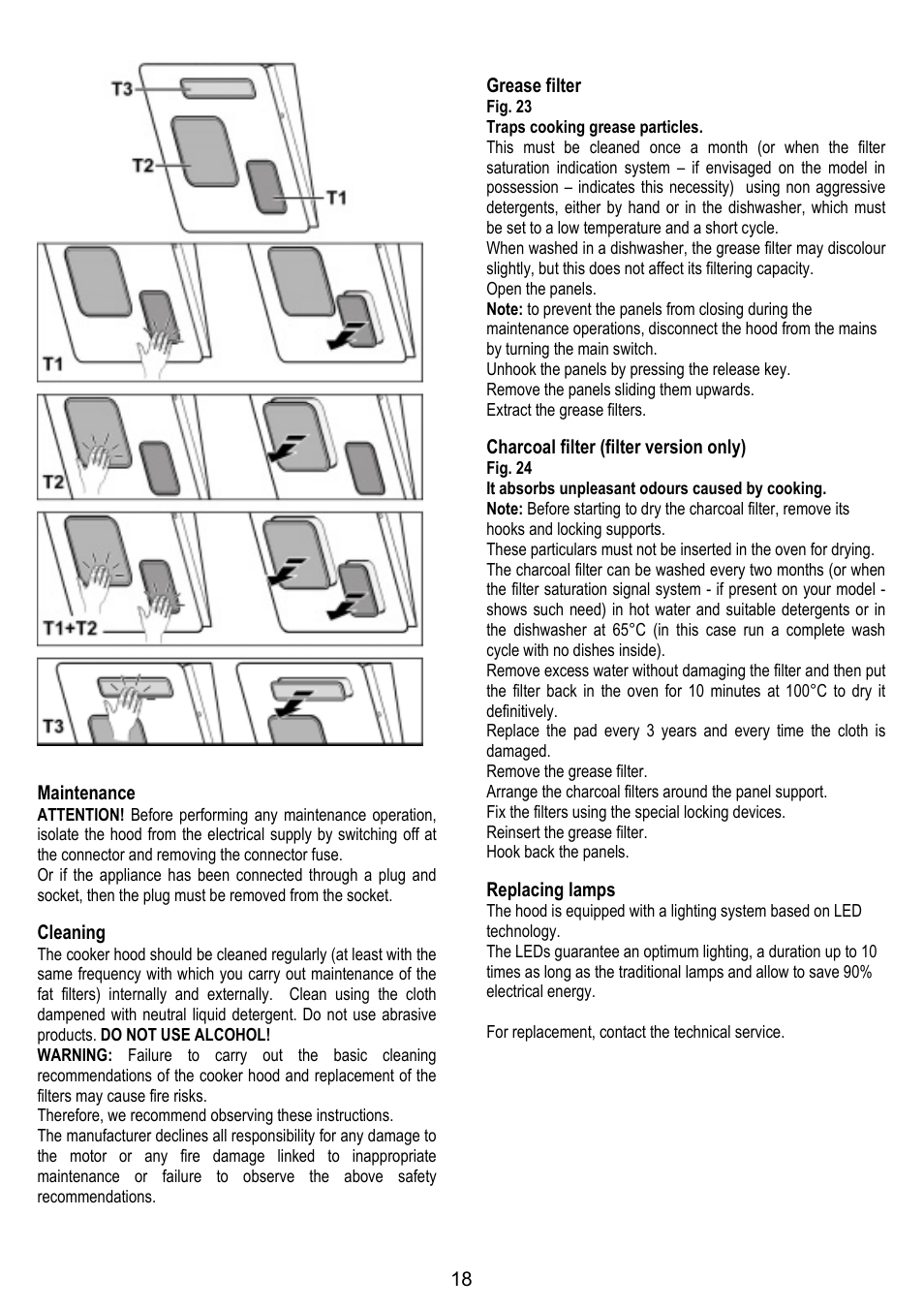 Maintenance, Cleaning, Grease filter | Charcoal filter (filter version only), Replacing lamps | ELICA FEEL User Manual | Page 18 / 84