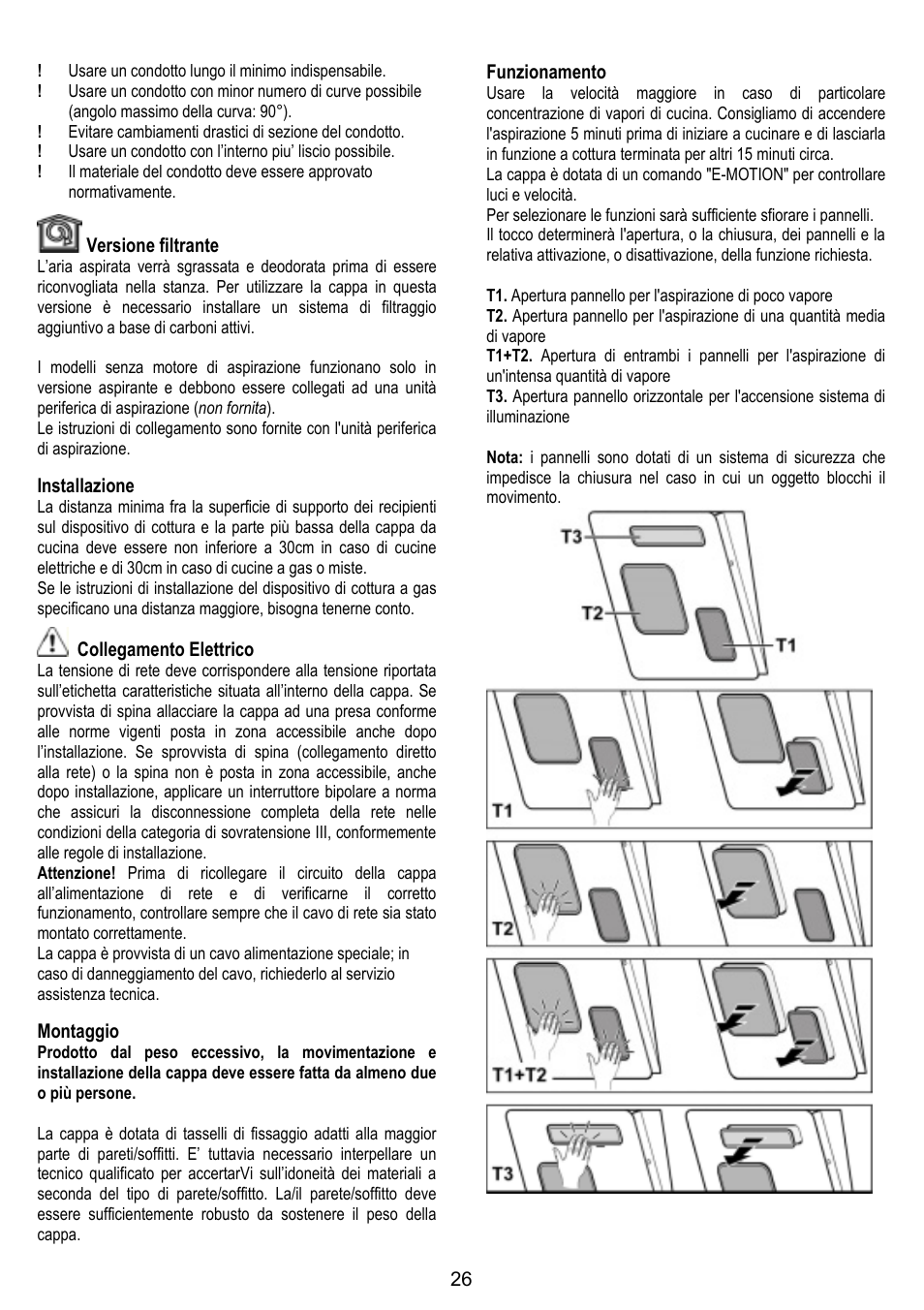 Versione filtrante, Installazione, Collegamento elettrico | Montaggio, Funzionamento | ELICA FEEL User Manual | Page 26 / 84