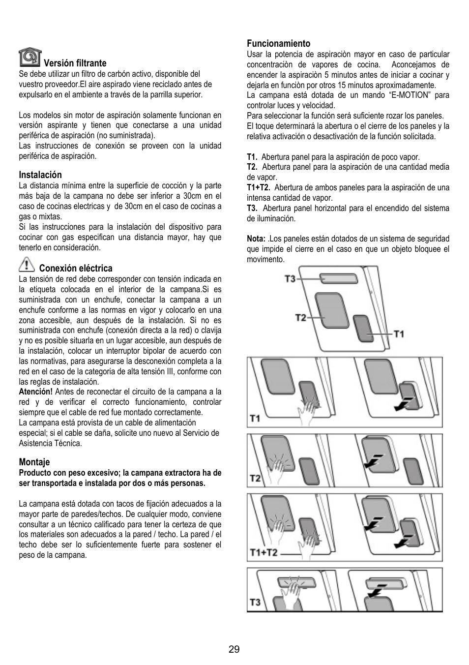 Versión filtrante, Instalación, Conexión eléctrica | Montaje, Funcionamiento | ELICA FEEL User Manual | Page 29 / 84