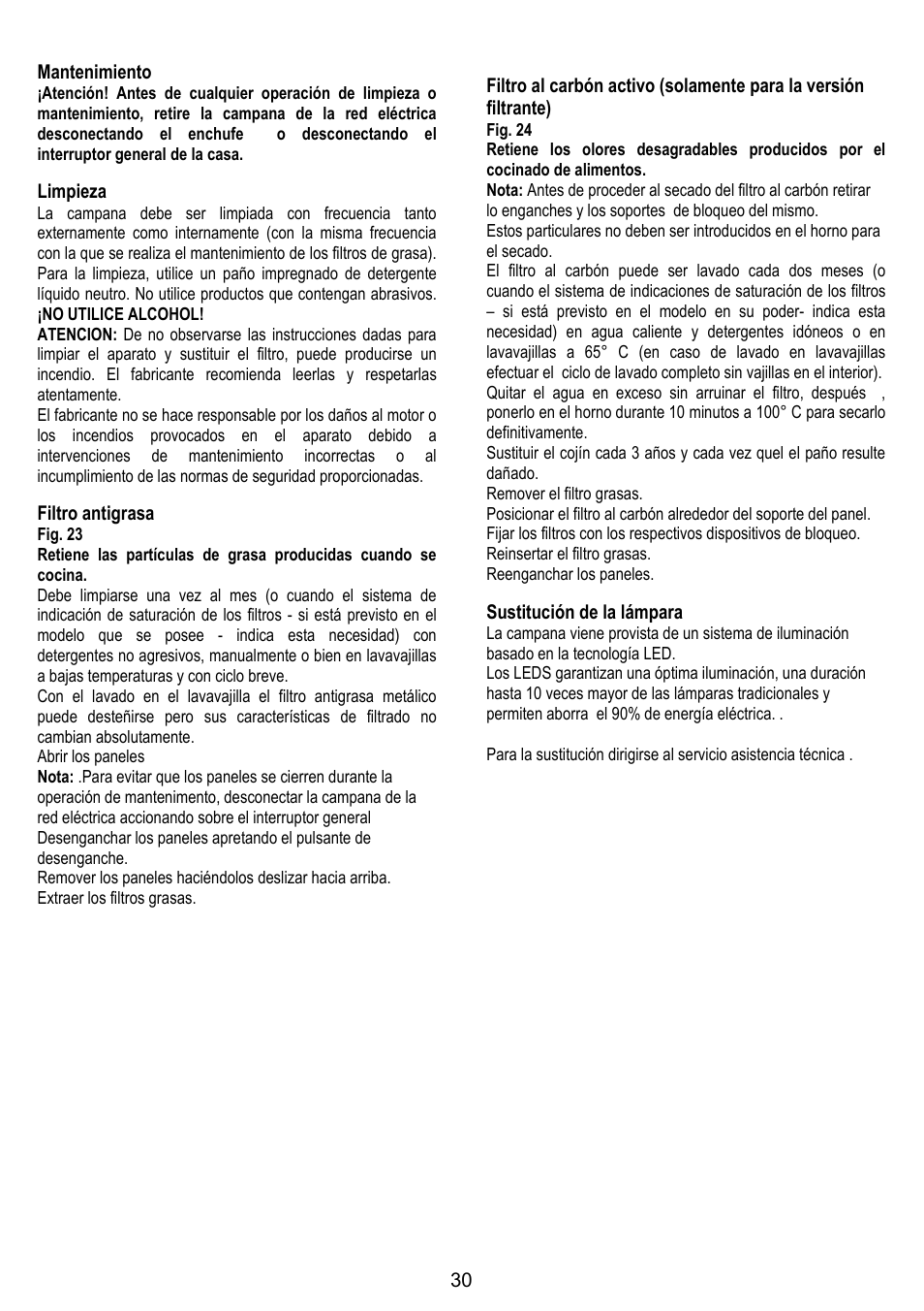 30 mantenimiento, Limpieza, Filtro antigrasa | Sustitución de la lámpara | ELICA FEEL User Manual | Page 30 / 84