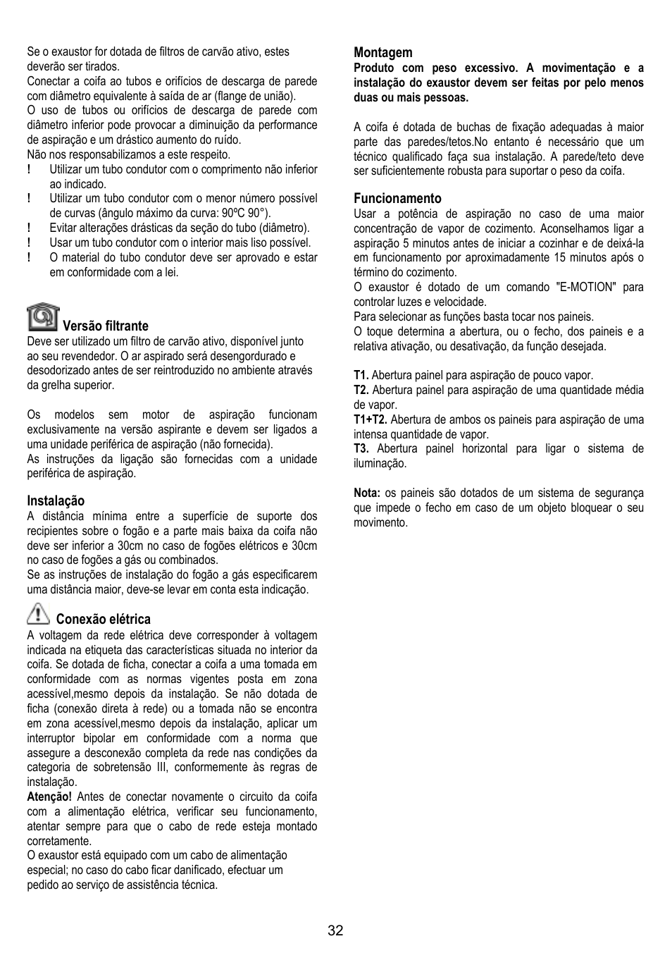 Versão filtrante, Instalação, Conexão elétrica | Montagem, Funcionamento | ELICA FEEL User Manual | Page 32 / 84