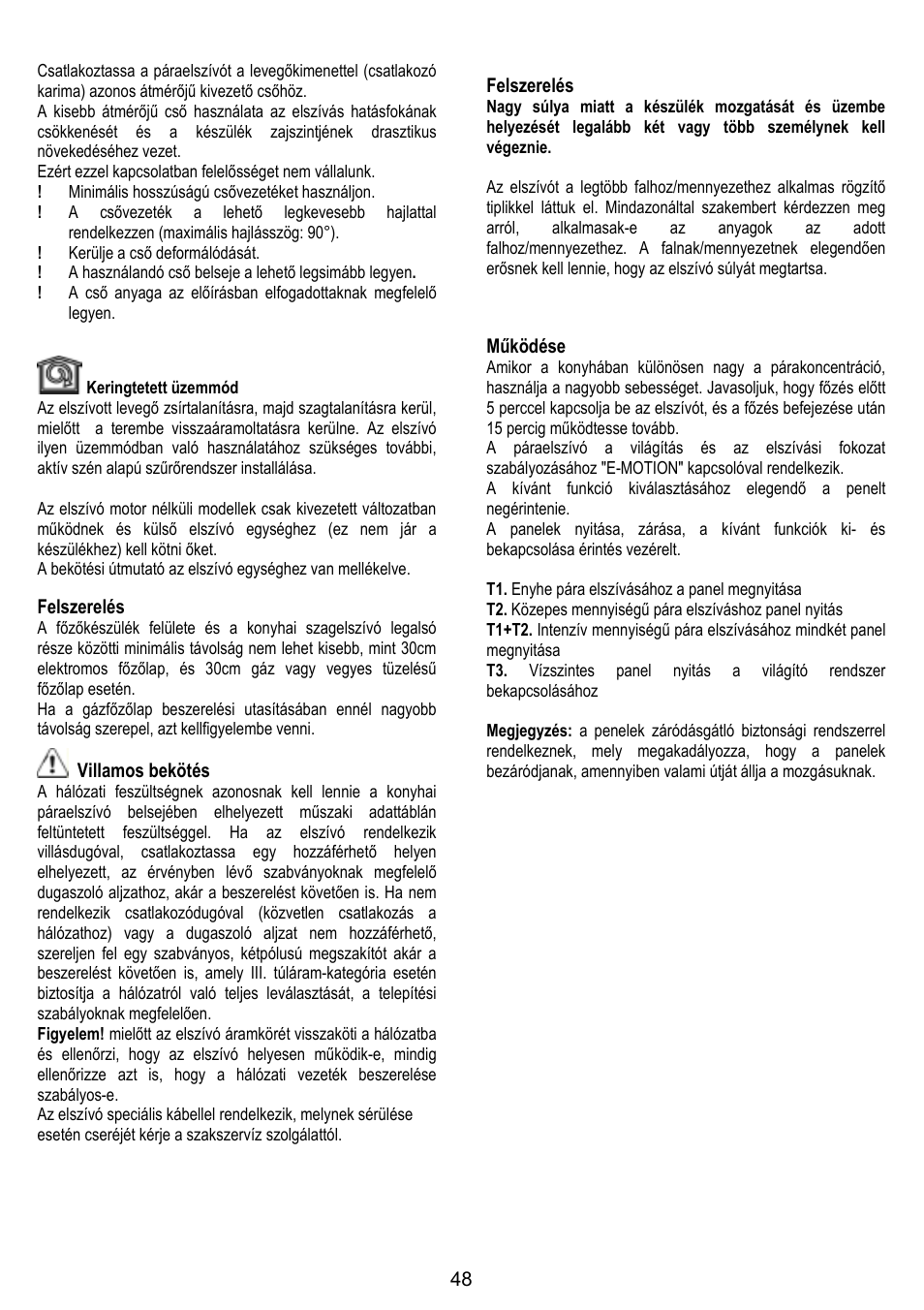 Felszerelés, Villamos bekötés, Működése | ELICA FEEL User Manual | Page 48 / 84