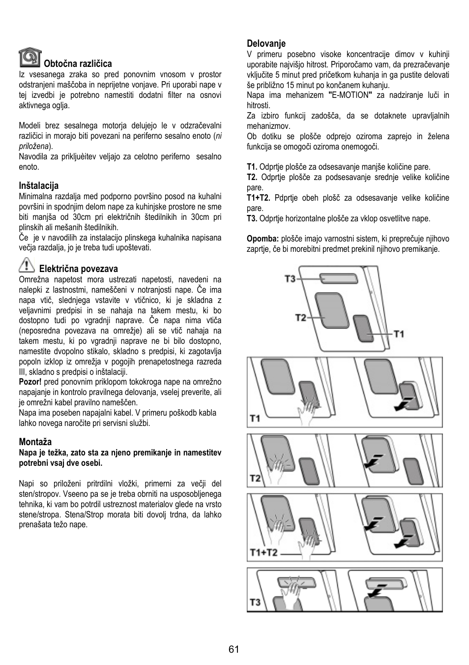 Obtočna različica, Inštalacija, Električna povezava | Montaža, Delovanje | ELICA FEEL User Manual | Page 61 / 84