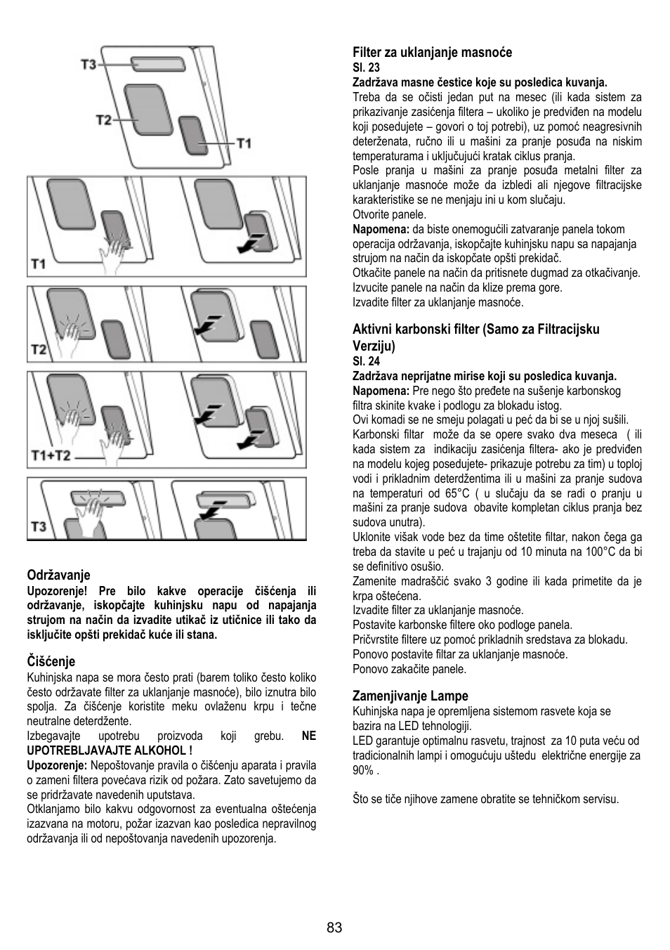 Održavanje, Čišćenje, Filter za uklanjanje masnoće | Zamenjivanje lampe | ELICA FEEL User Manual | Page 83 / 84