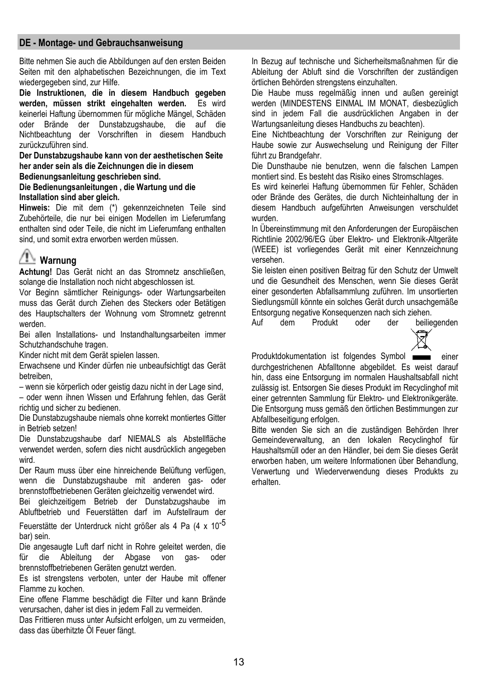 De - montage- und gebrauchsanweisung, Warnung | ELICA FLAT GLASS User Manual | Page 13 / 64