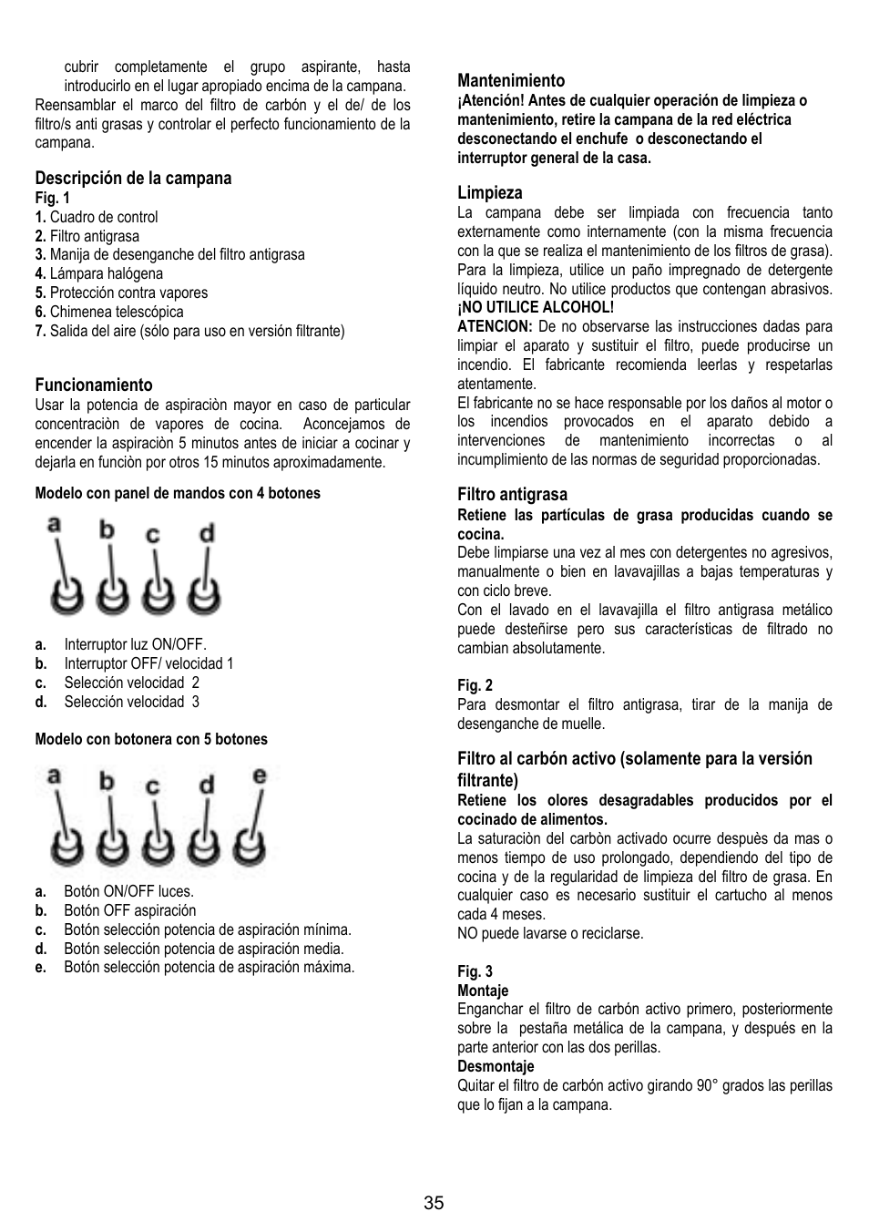 Descripción de la campana, Funcionamiento, Mantenimiento | Limpieza, Filtro antigrasa | ELICA FLAT GLASS User Manual | Page 35 / 64