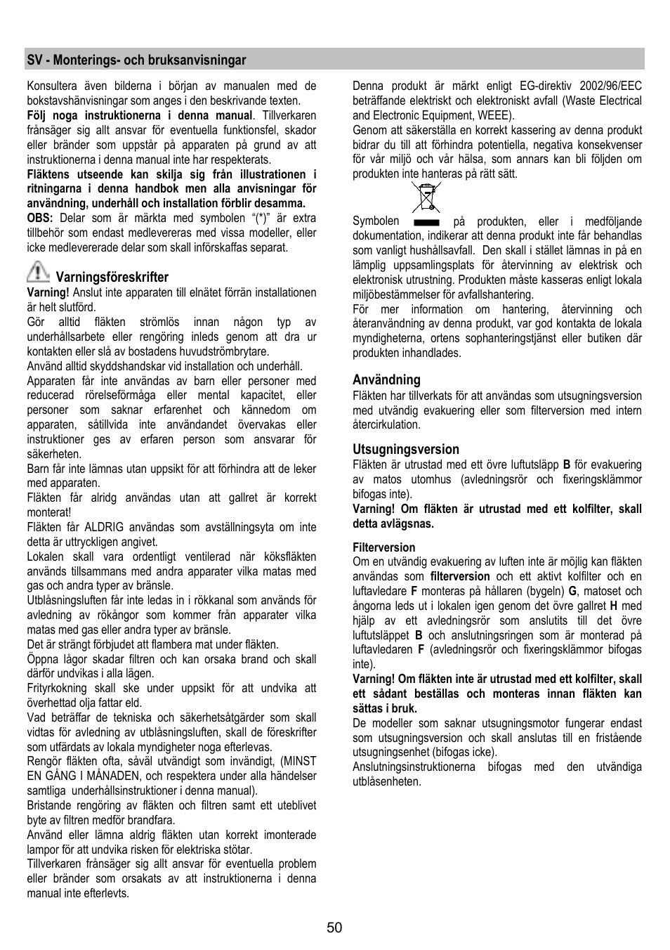 Sv - monterings- och bruksanvisningar, Varningsföreskrifter, Användning | Utsugningsversion | ELICA FLAT GLASS User Manual | Page 50 / 64