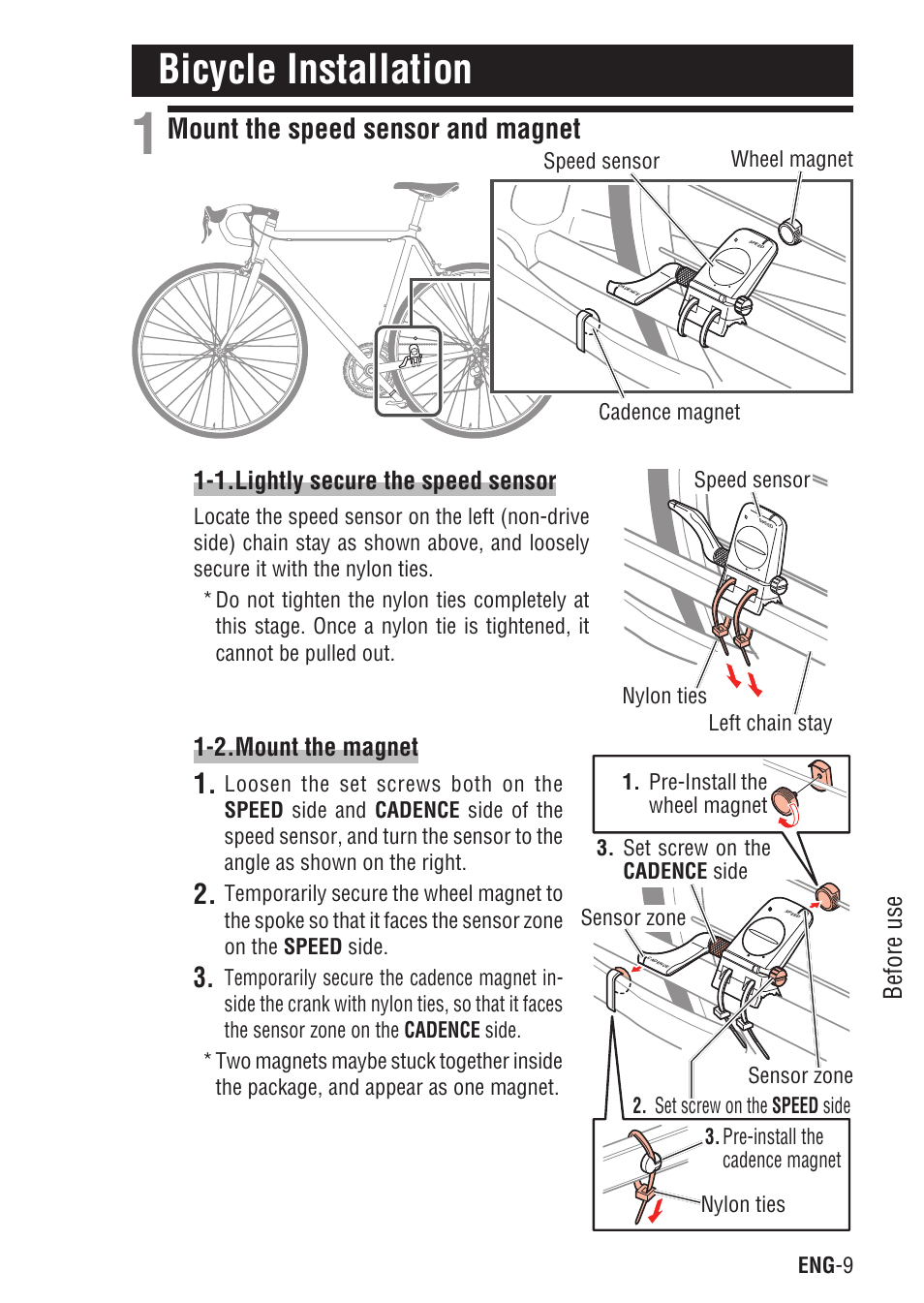 Bicycle installation, Mount the speed sensor and magnet | CatEye Q3 User Manual | Page 10 / 79