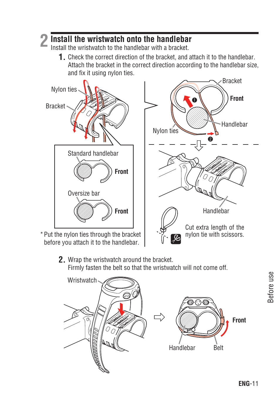 Install the wristwatch onto the handlebar, Install the wristwatch onto, The handlebar | CatEye Q3 User Manual | Page 12 / 79