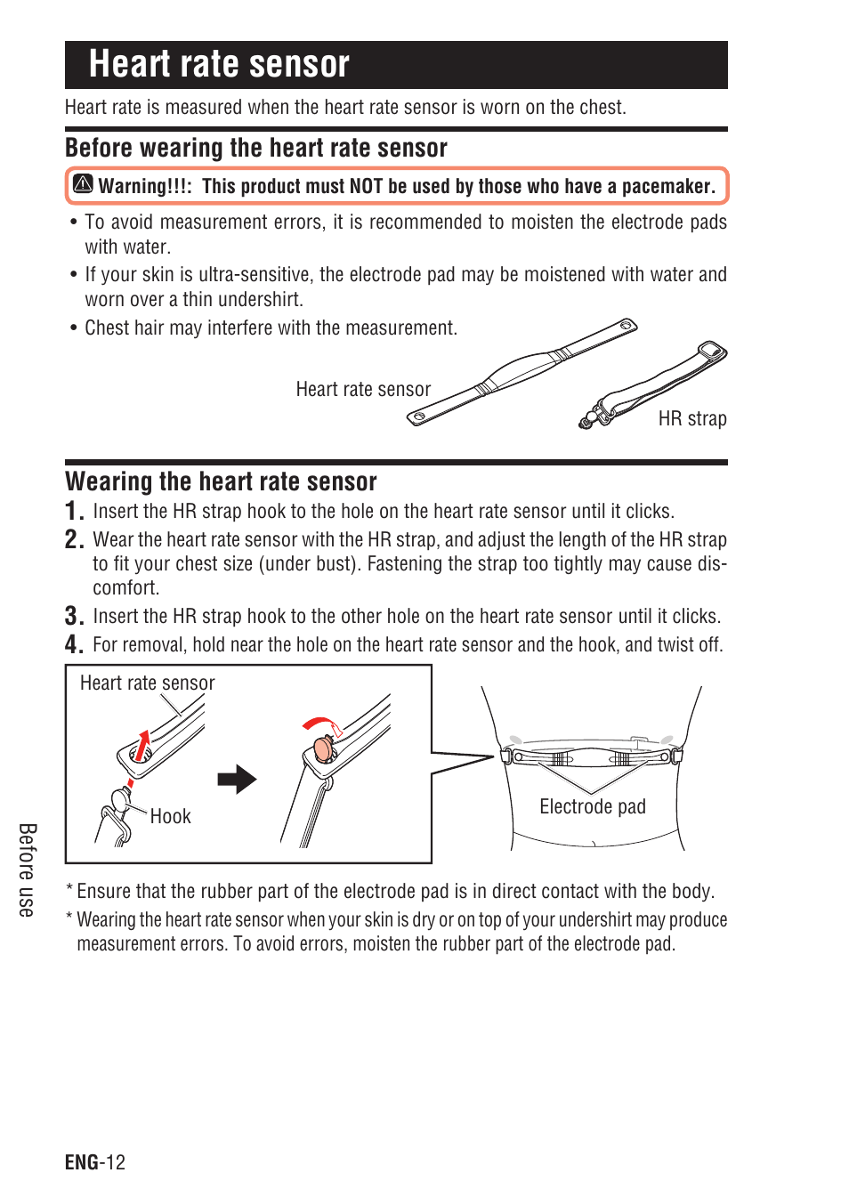 Heart rate sensor, Before wearing the heart rate sensor, Wearing the heart rate sensor | CatEye Q3 User Manual | Page 13 / 79