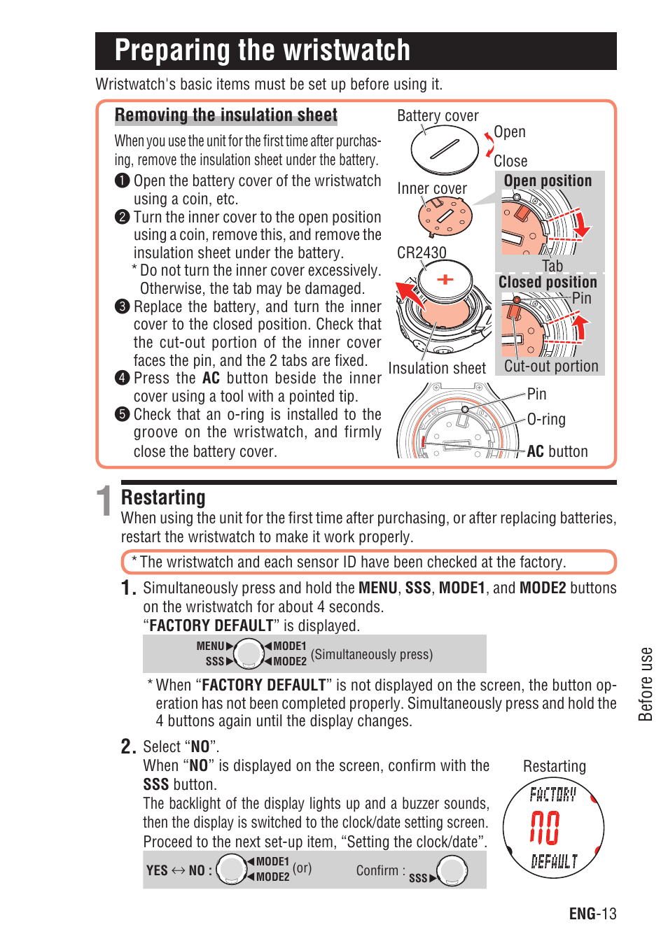 Preparing the wristwatch, Removing the insulation sheet, Restarting | Removing the insulation sheet restarting | CatEye Q3 User Manual | Page 14 / 79