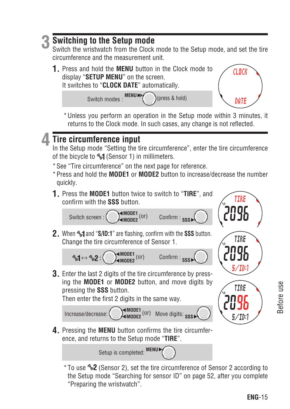 Switching to the setup mode, Tire circumference input | CatEye Q3 User Manual | Page 16 / 79