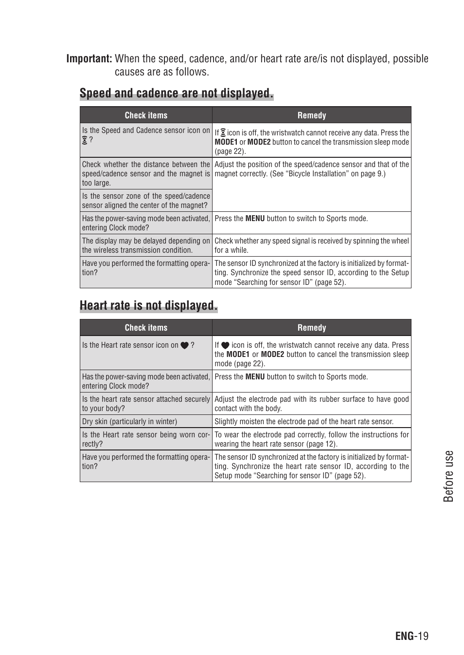 Before use, Speed and cadence are not displayed, Heart rate is not displayed | Eng -19 | CatEye Q3 User Manual | Page 20 / 79