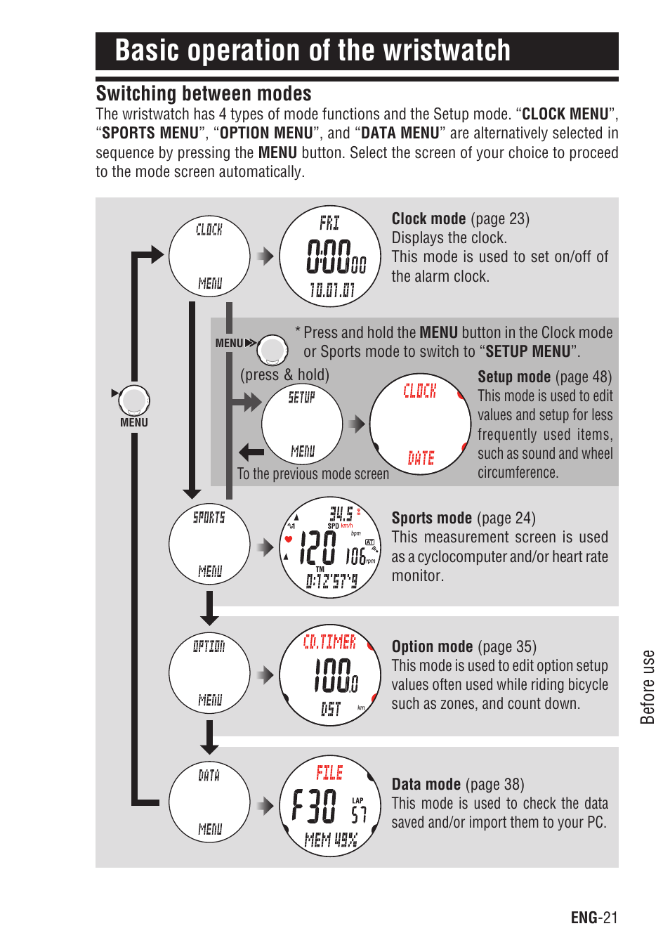 Basic operation of the wristwatch, Switching between modes | CatEye Q3 User Manual | Page 22 / 79