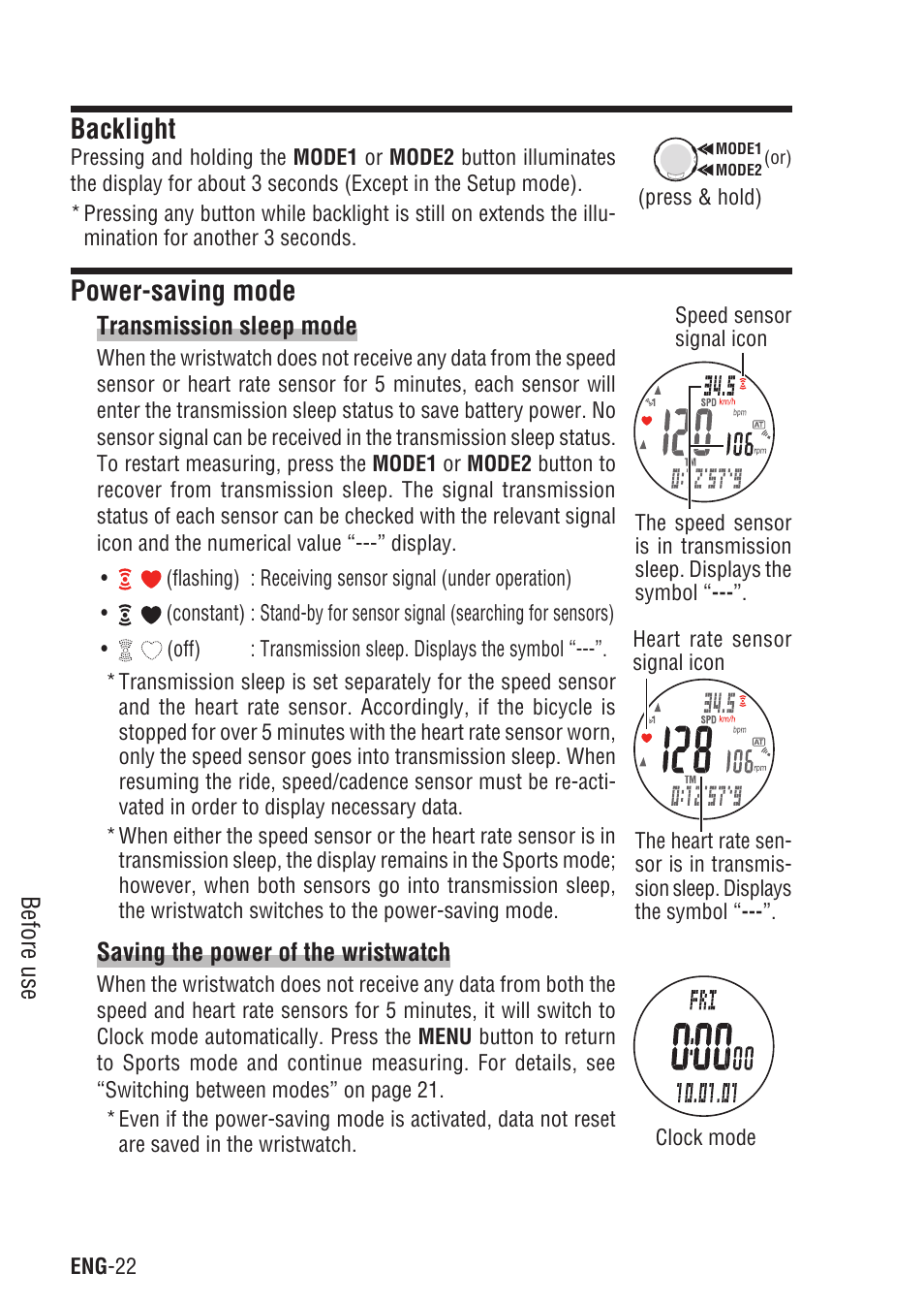 Backlight, Power-saving mode, Transmission sleep mode | Saving the power of the wristwatch, Backlight power-saving mode | CatEye Q3 User Manual | Page 23 / 79