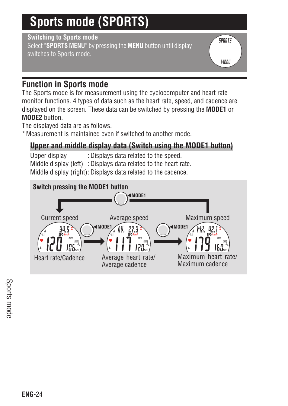 Sports mode (sports), Function in sports mode | CatEye Q3 User Manual | Page 25 / 79