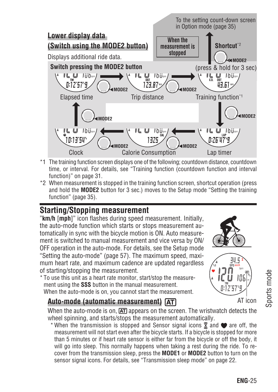 Lower display data (switch using the mode2 button), Starting/stopping measurement, Lower display data starting/stopping | Measurement, Sports mode, Auto-mode (automatic measurement) | CatEye Q3 User Manual | Page 26 / 79