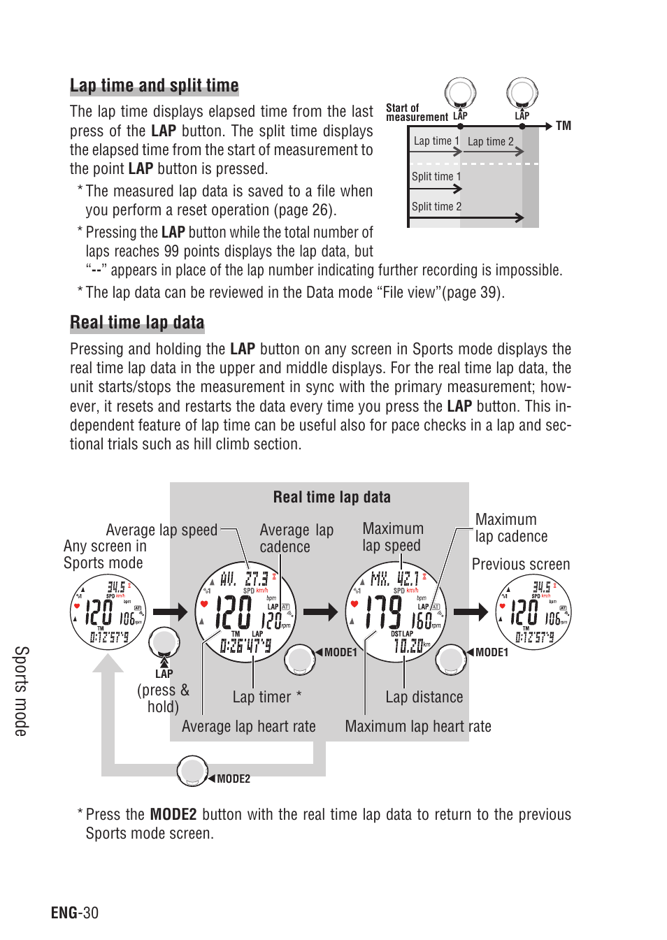 Sports mode, Lap time and split time, Real time lap data | CatEye Q3 User Manual | Page 31 / 79