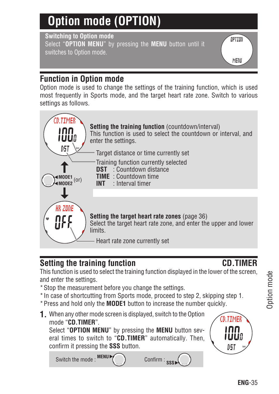 Option mode (option), Function in option mode, Setting the training function cd.timer | CatEye Q3 User Manual | Page 36 / 79