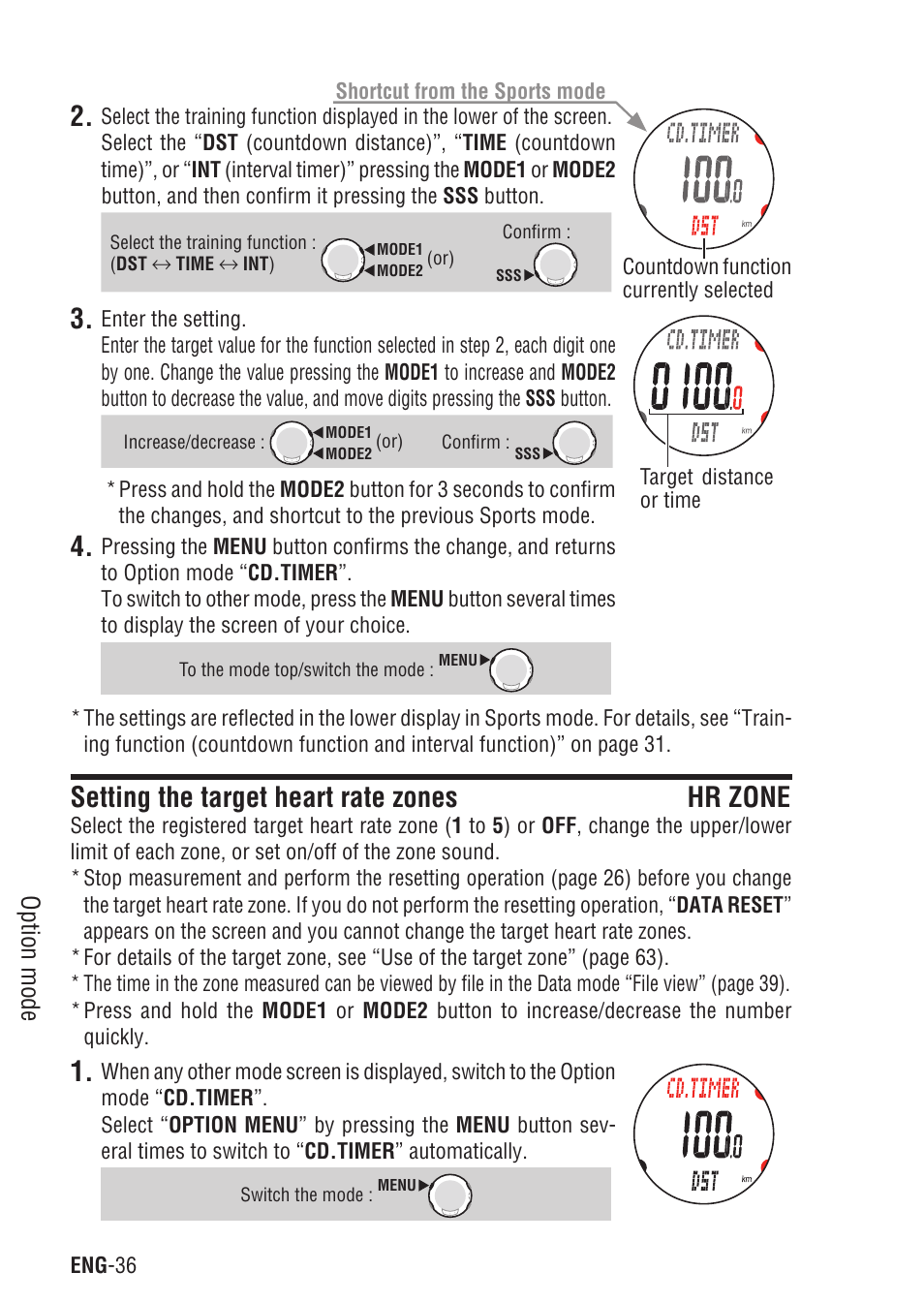 Setting the target heart rate zones hr zone, Setting the target heart rate, Zones | Option mode | CatEye Q3 User Manual | Page 37 / 79