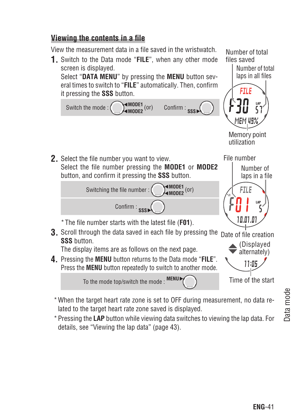 Data mode, Viewing the contents in a file | CatEye Q3 User Manual | Page 42 / 79